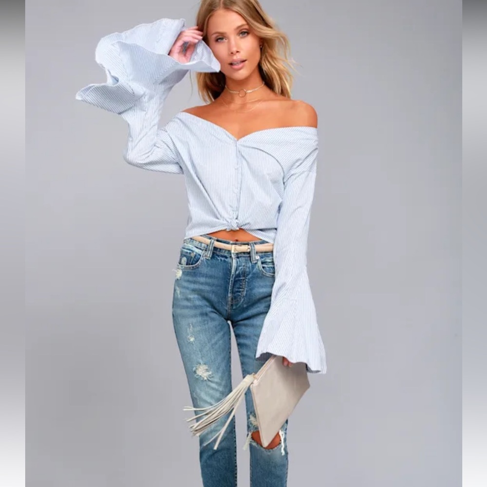 Lulus Clear Sailing Blue And White Striped Off-the-shoulder Top - Size M - Picture 2 of 5